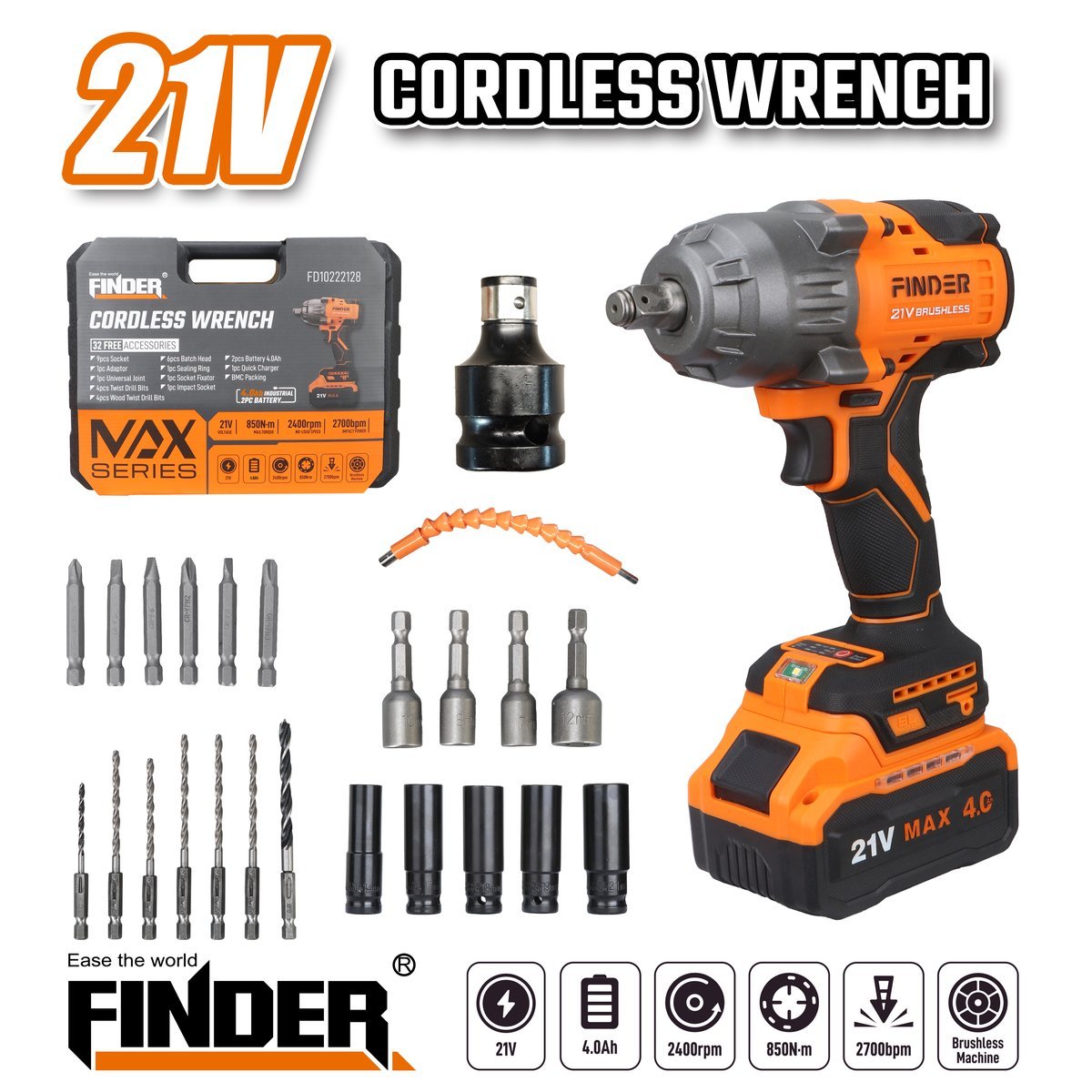 درل شحن فك وتركيب طقم 1/2" FINDER 20V 4.0AMP 850N