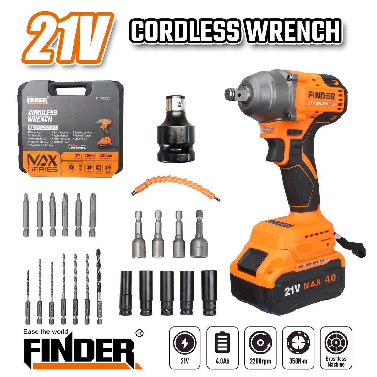 درل شحن فك وتركيب طقم 1/2" FINDER 21V 4.0AMP 350N
