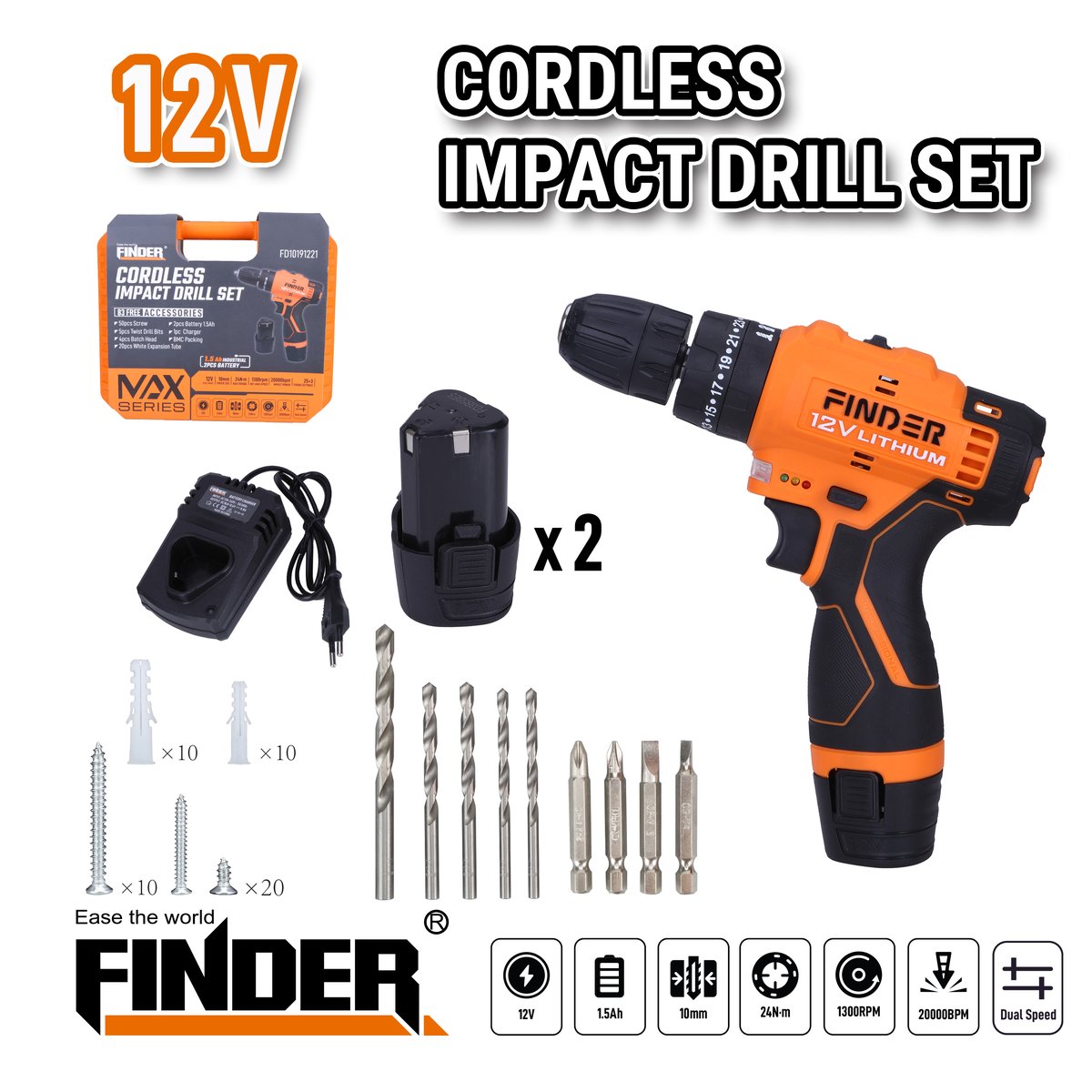 درل شحن FINDER 12V - 24N.M - 1.5Ah شاكوش